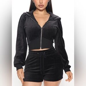 Reflex Y2K Style Black Velour Cropped Zip-Up Hoodie and Shorts Set Size Large